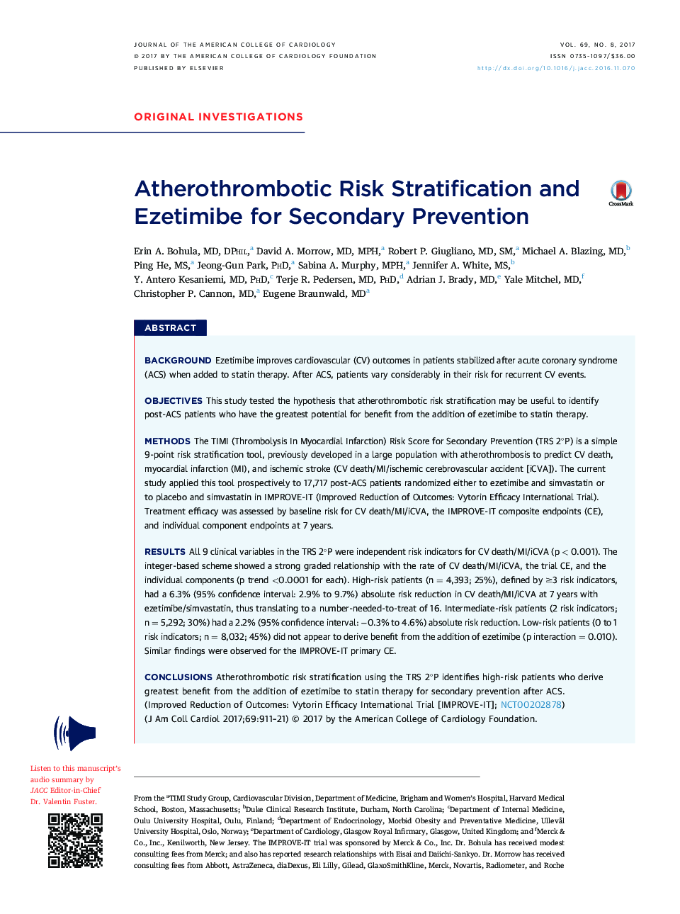 Atherothrombotic Risk Stratification and Ezetimibe for Secondary Prevention