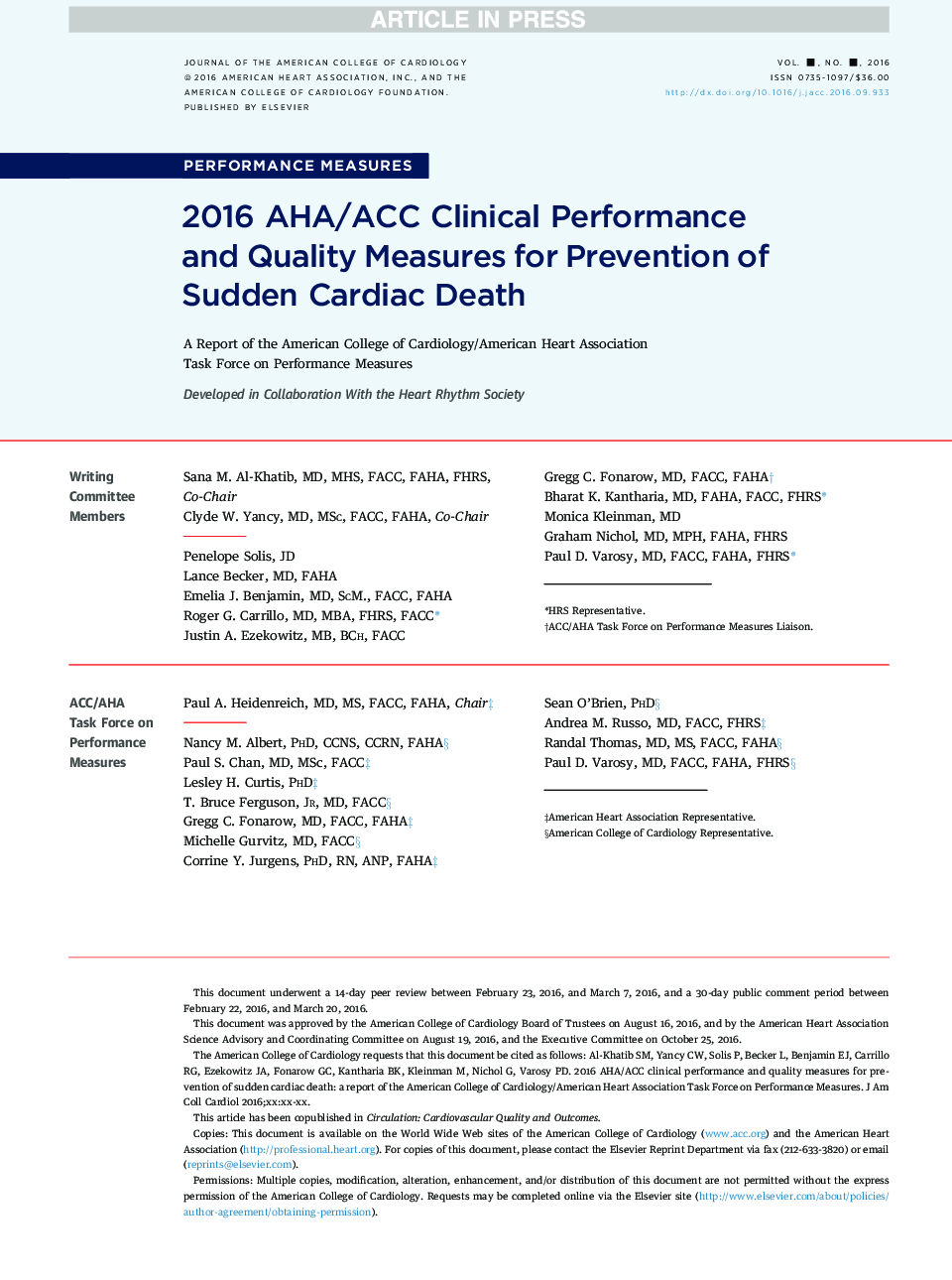 2016 AHA/ACC Clinical Performance and Quality MeasuresÂ for Prevention of SuddenÂ Cardiac Death