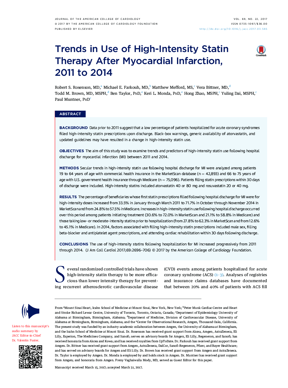 Trends in Use of High-Intensity Statin Therapy After Myocardial Infarction, 2011Â to 2014