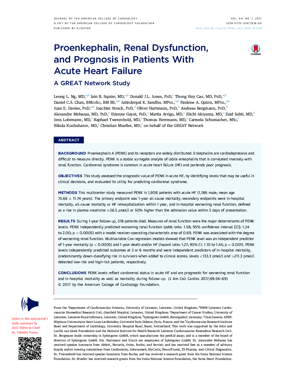 Proenkephalin, Renal Dysfunction, andÂ Prognosis in Patients With AcuteÂ HeartÂ Failure