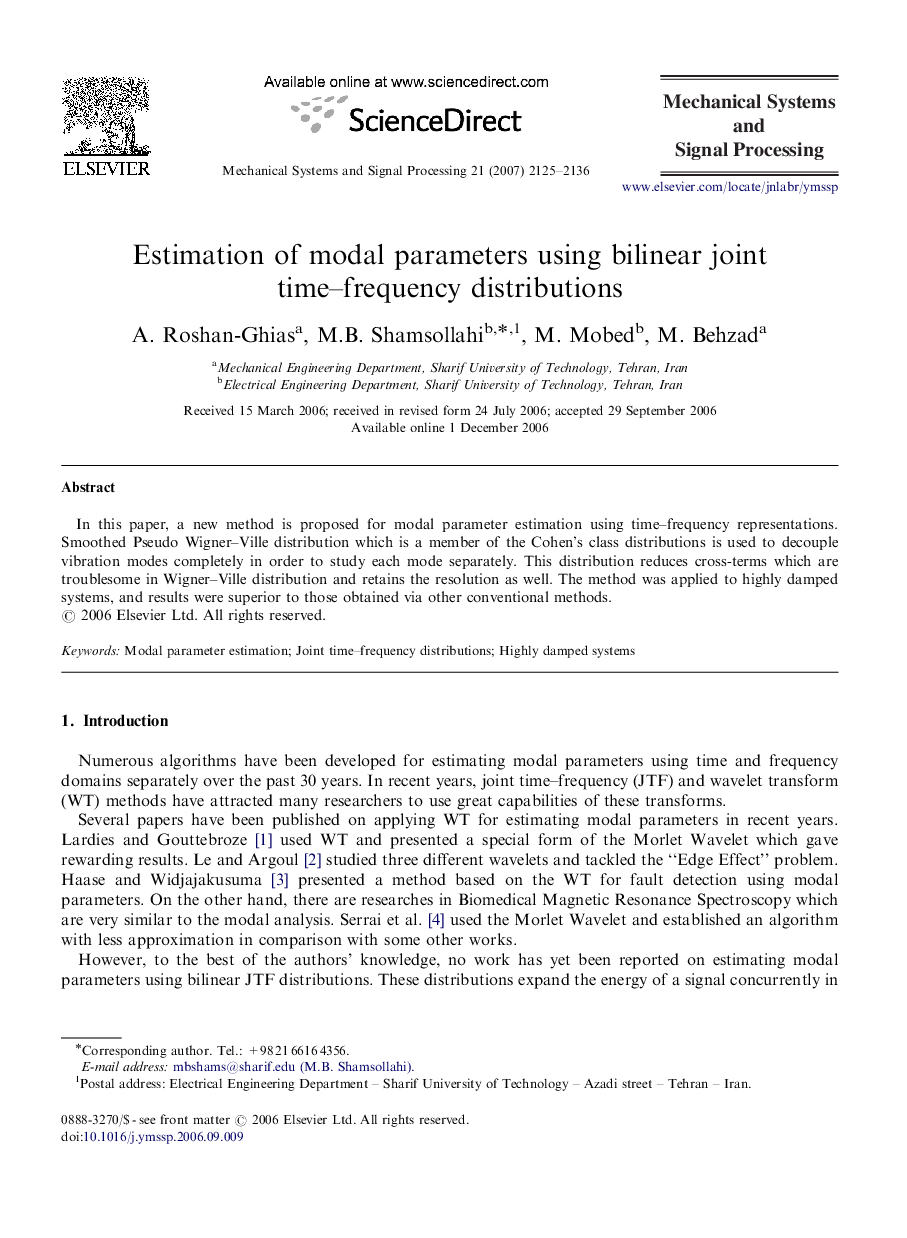 Estimation of modal parameters using bilinear joint time–frequency distributions