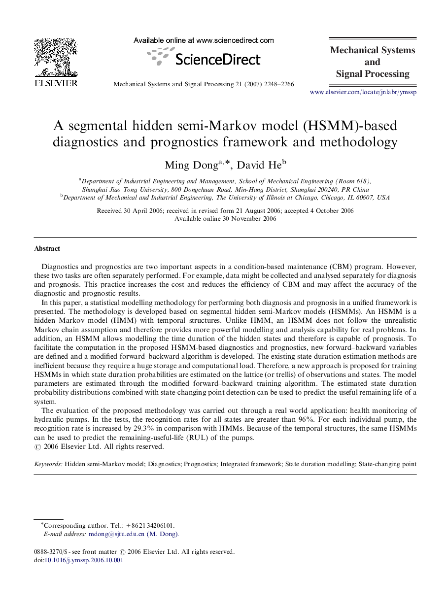 عکس صفحه اول مقاله: A segmental hidden semi-Markov model (HSMM)-based diagnostics and prognostics framework and methodology A segmental hidden semi-Markov model (HSMM)-based diagnostics and prognostics framework and methodology