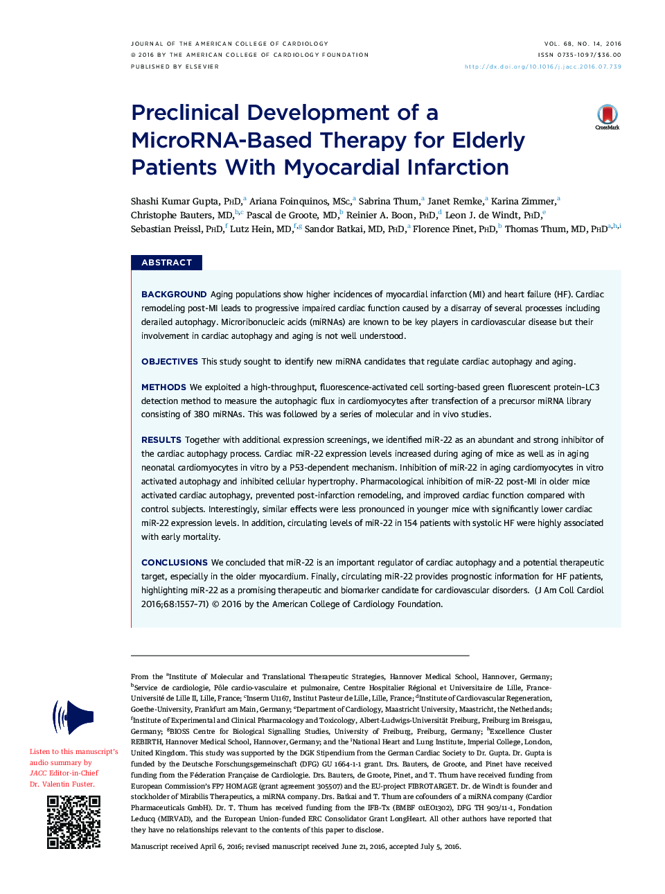 Preclinical Development of a MicroRNA-Based Therapy for Elderly Patients With Myocardial Infarction