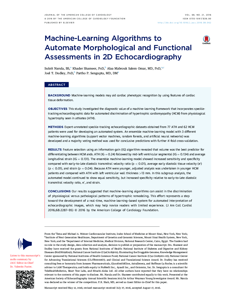 Machine-Learning Algorithms to Automate Morphological and Functional Assessments in 2D Echocardiography