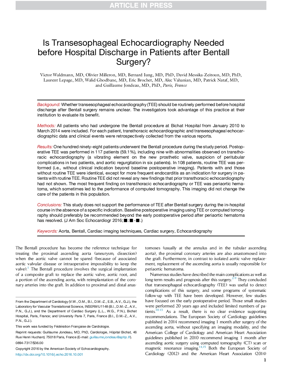 آیا قبل از تخلیه بیمار در بیمارانی که پس از عمل جراحی بنتول مورد نیاز است، اکوکاردیوگرافی ترانسفعال مورد نیاز است؟ 