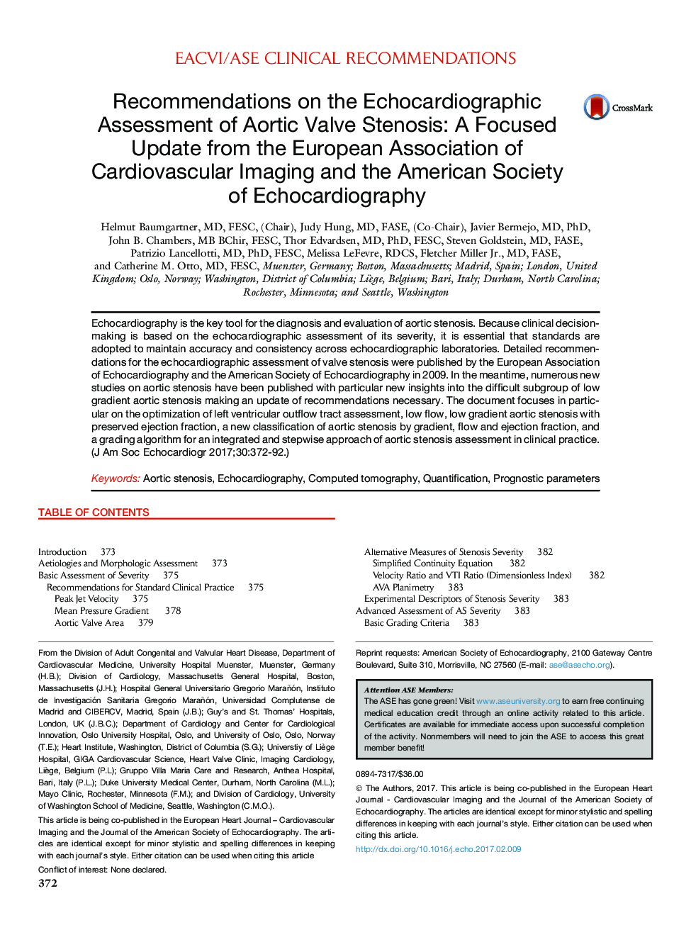 Recommendations on the Echocardiographic Assessment of Aortic Valve Stenosis: A Focused Update from the European Association of Cardiovascular Imaging and the American Society of Echocardiography