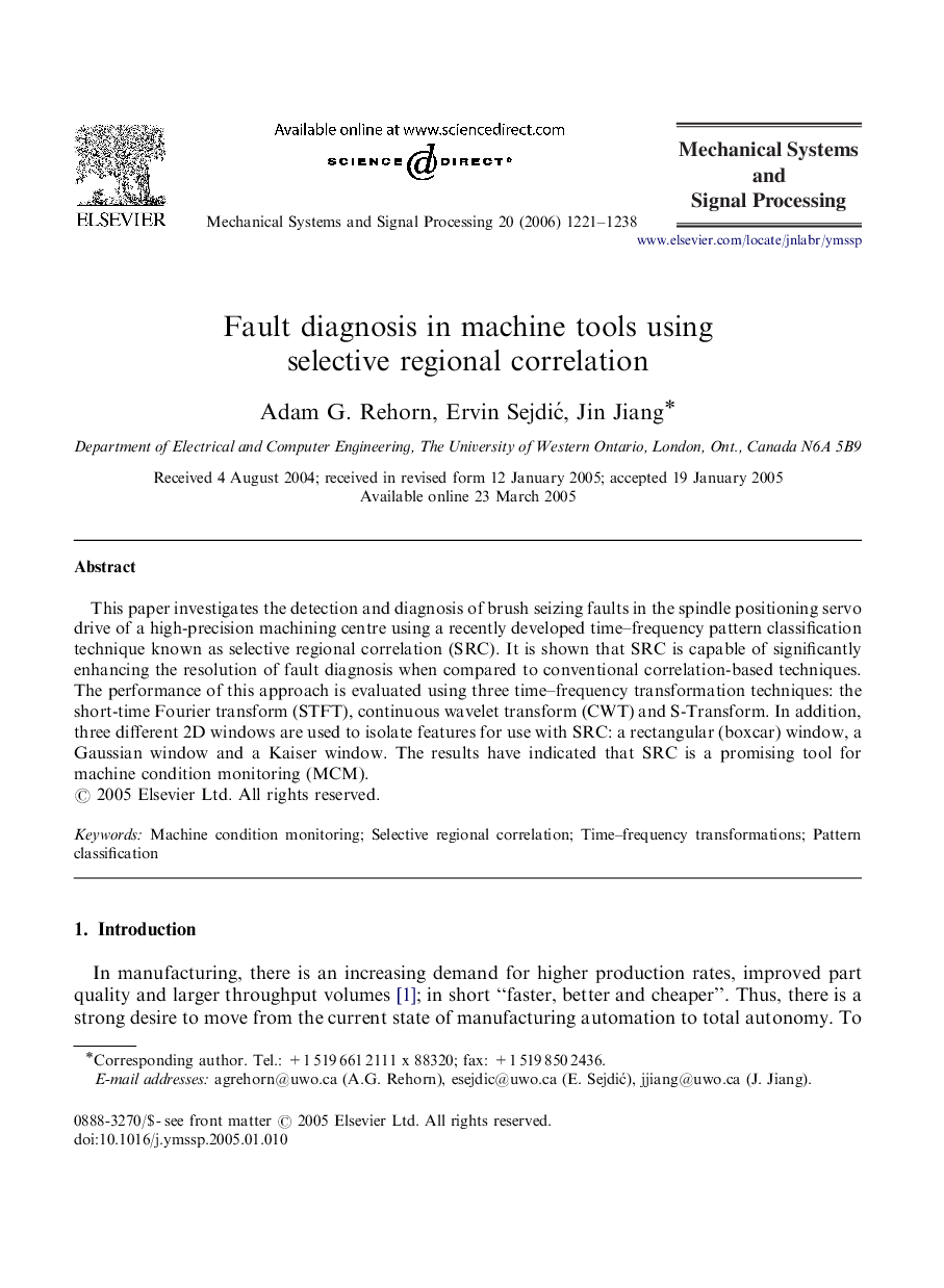 Fault diagnosis in machine tools using selective regional correlation