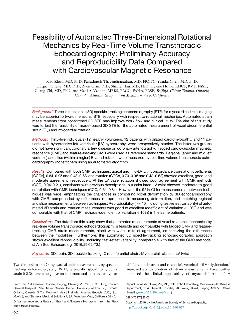 Feasibility of Automated Three-Dimensional Rotational Mechanics by Real-Time Volume Transthoracic Echocardiography: Preliminary Accuracy andÂ Reproducibility Data Compared withÂ Cardiovascular Magnetic Resonance