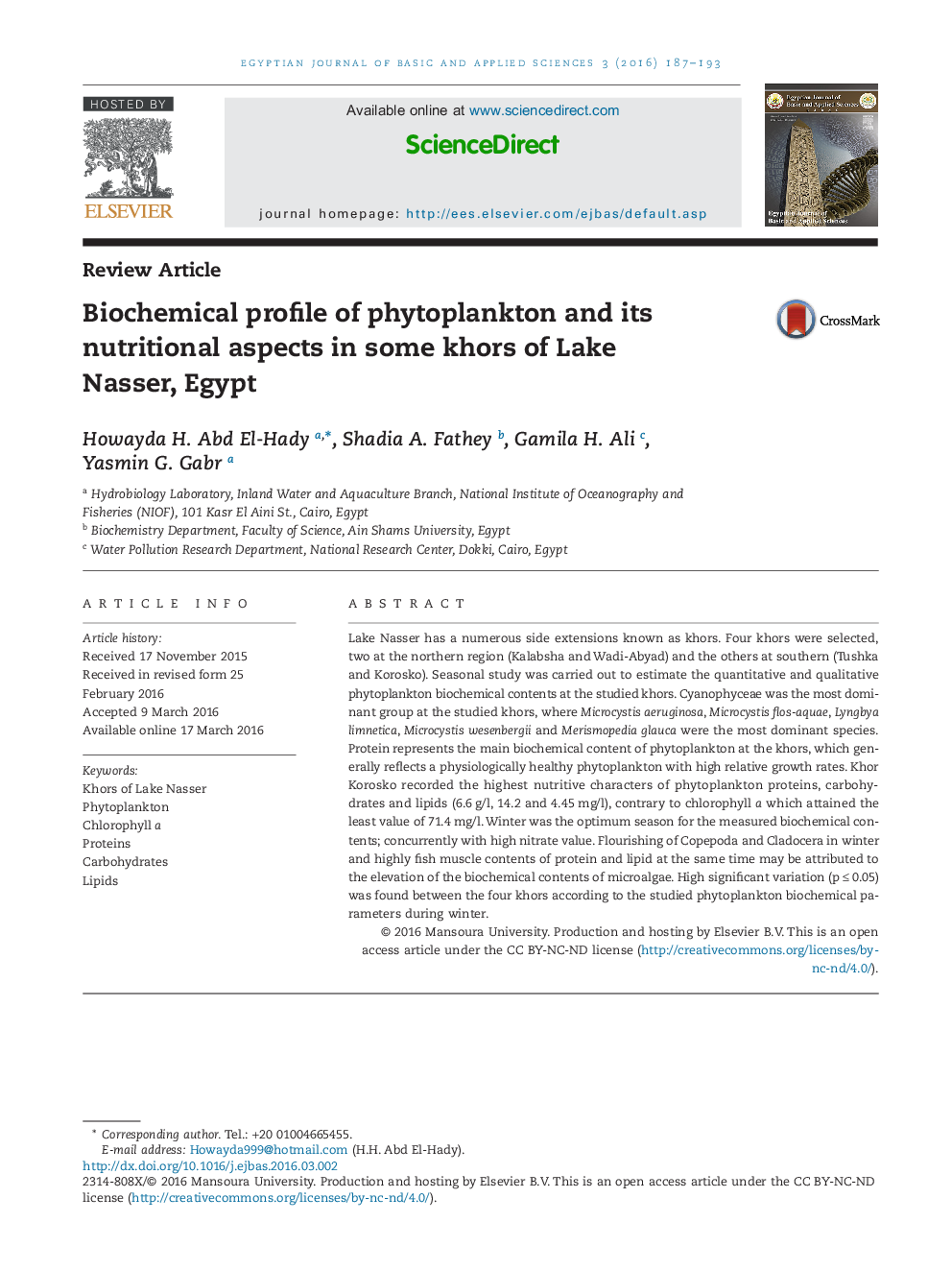 نمایه بیوشیمی فتوپلانکتون و جنبه ها (ابعاد) مغذی اش در برخی از Khor های دریاچه ناصر ، مصر