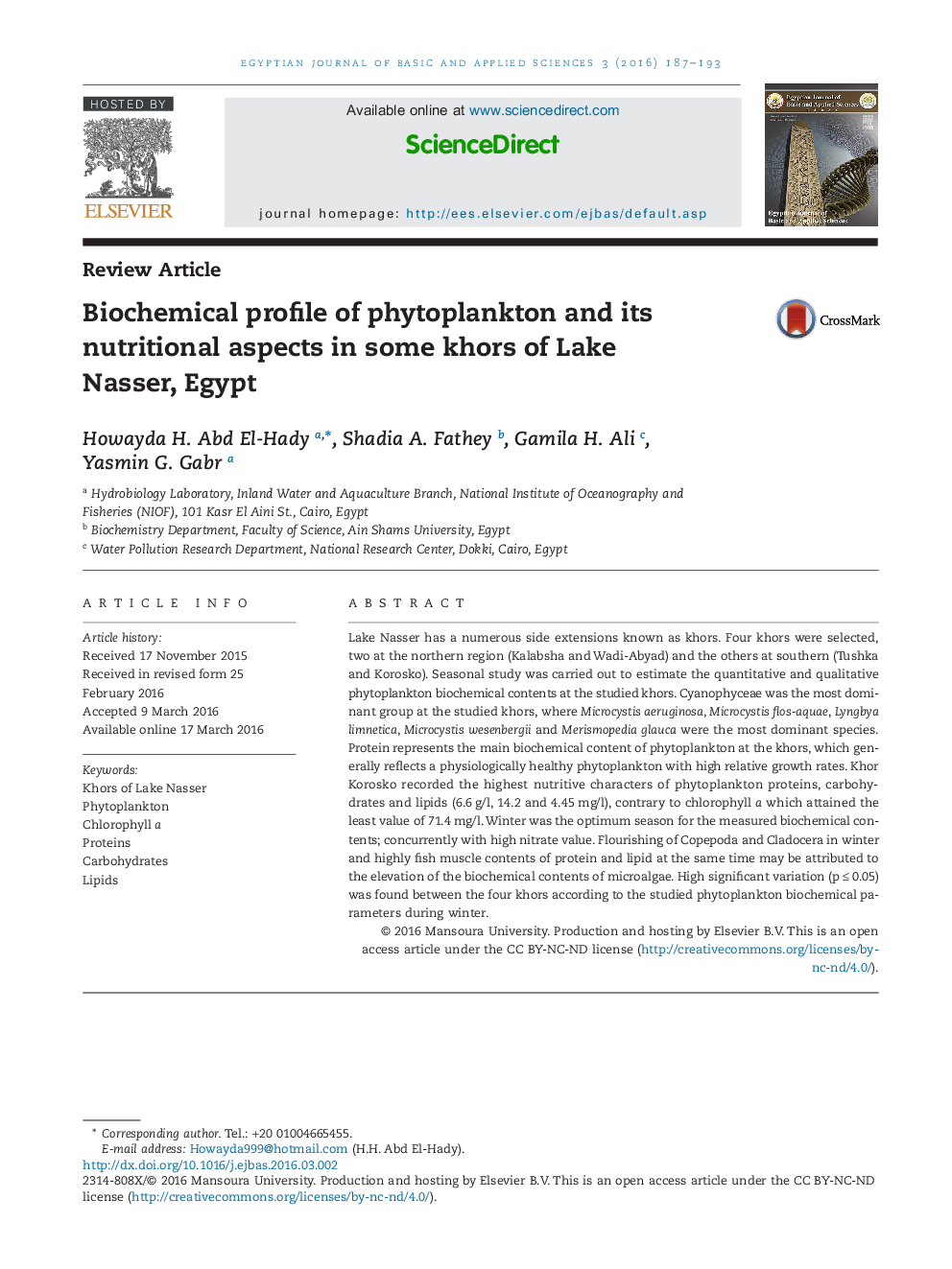 Biochemical profile of phytoplankton and its nutritional aspects in some khors of Lake Nasser, Egypt