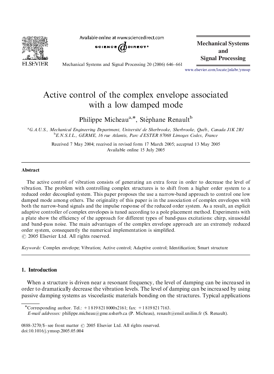 Active control of the complex envelope associated with a low damped mode