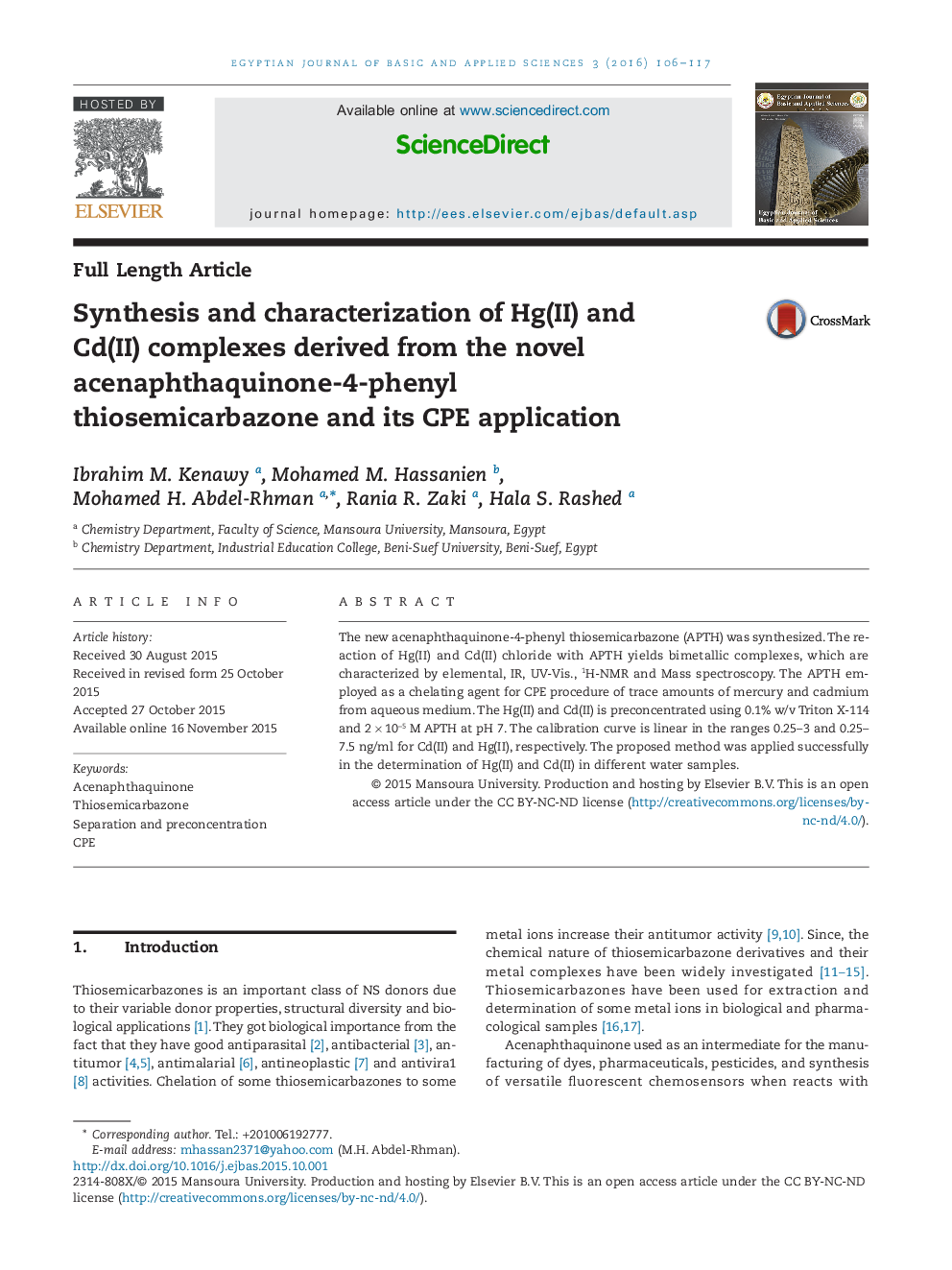 Synthesis and characterization of Hg(II) and Cd(II) complexes derived from the novel acenaphthaquinone-4-phenyl thiosemicarbazone and its CPE application