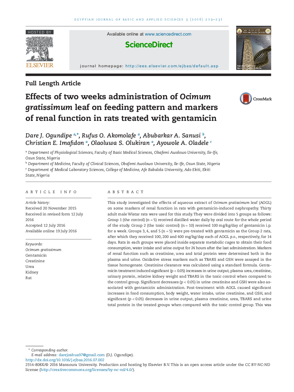 Effects of two weeks administration of Ocimum gratissimum leaf on feeding pattern and markers of renal function in rats treated with gentamicin