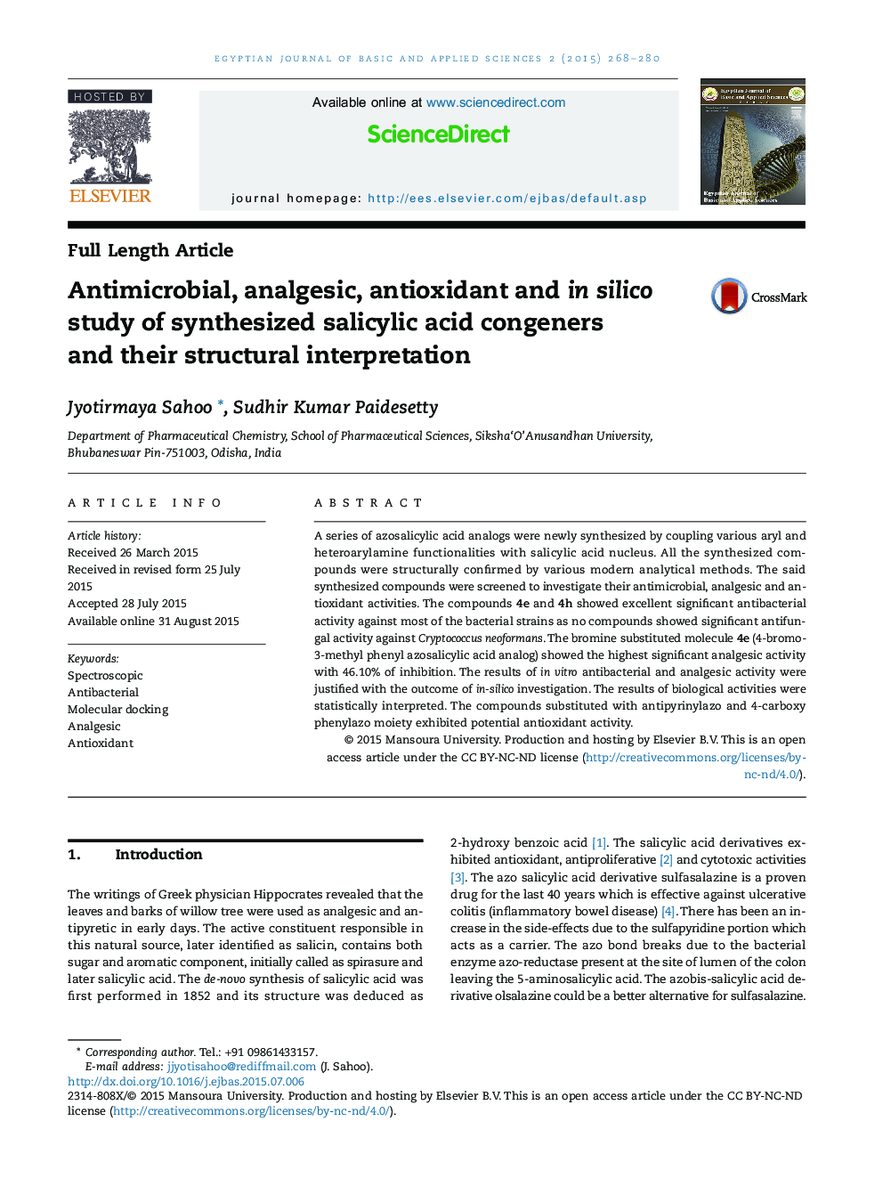 Antimicrobial, analgesic, antioxidant and in silico study of synthesized salicylic acid congeners and their structural interpretation