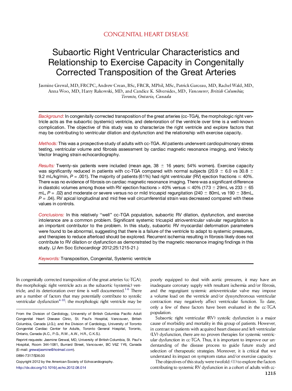 Subaortic Right Ventricular Characteristics and Relationship to Exercise Capacity in Congenitally Corrected Transposition of the Great Arteries