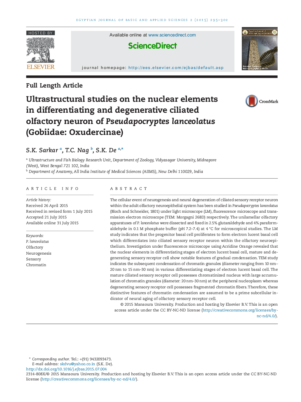 Ultrastructural studies on the nuclear elements in differentiating and degenerative ciliated olfactory neuron of Pseudapocryptes lanceolatus (Gobiidae: Oxudercinae)