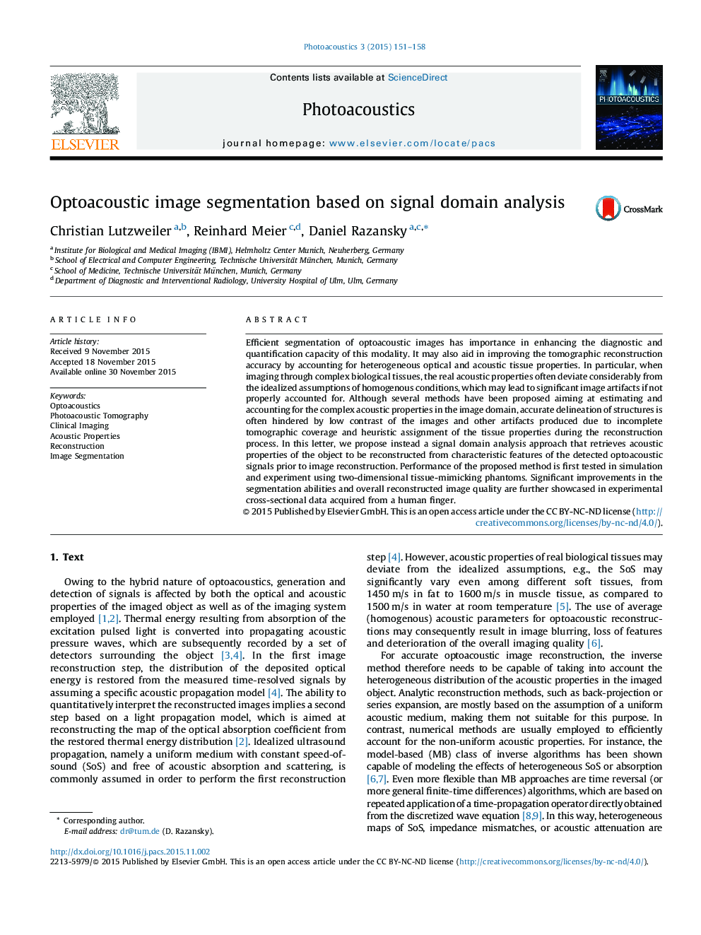 Optoacoustic image segmentation based on signal domain analysis