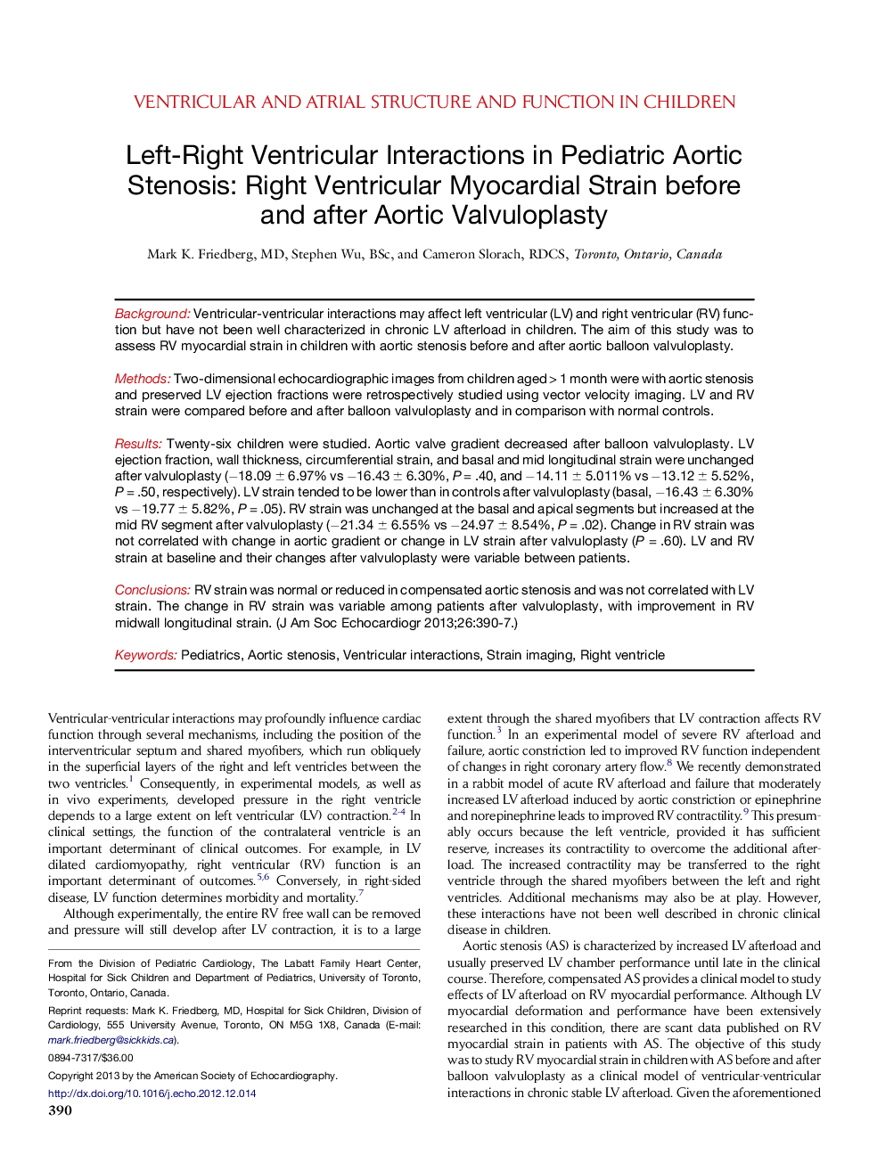 Left-Right Ventricular Interactions in Pediatric Aortic Stenosis: Right Ventricular Myocardial Strain before and after Aortic Valvuloplasty