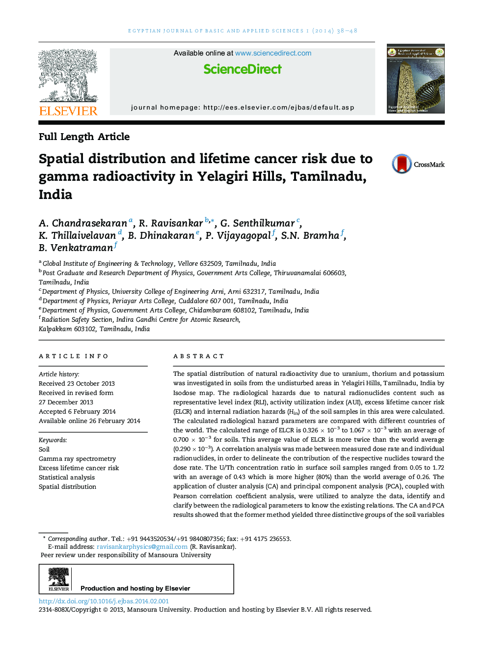 Spatial distribution and lifetime cancer risk due to gamma radioactivity in Yelagiri Hills, Tamilnadu, India 