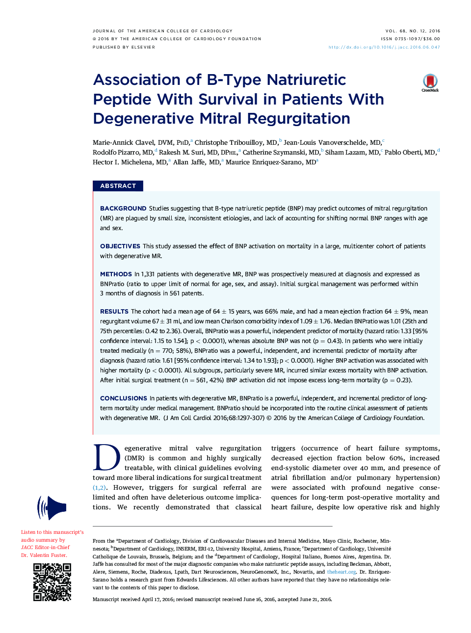 Association of B-Type Natriuretic PeptideÂ With Survival in Patients With Degenerative Mitral Regurgitation