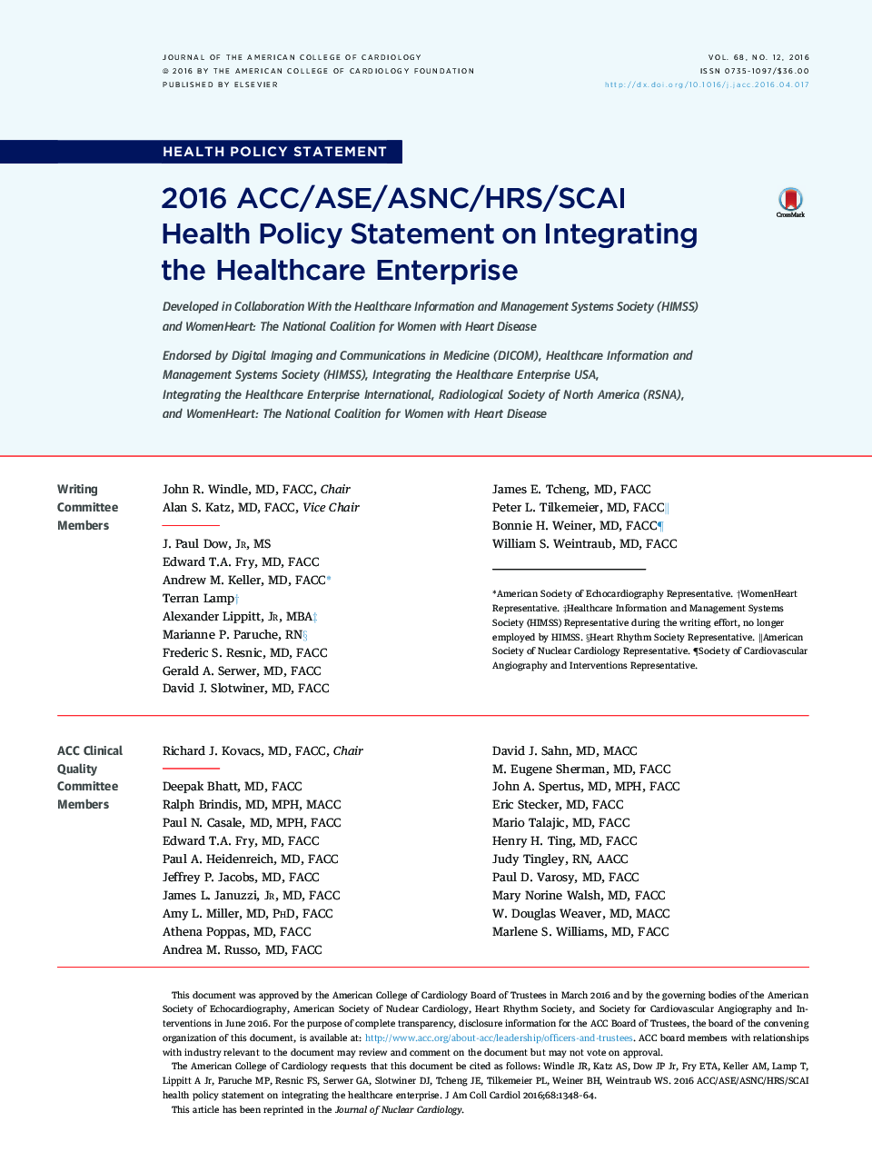 2016 ACC/ASE/ASNC/HRS/SCAI Health Policy Statement on Integrating the Healthcare Enterprise