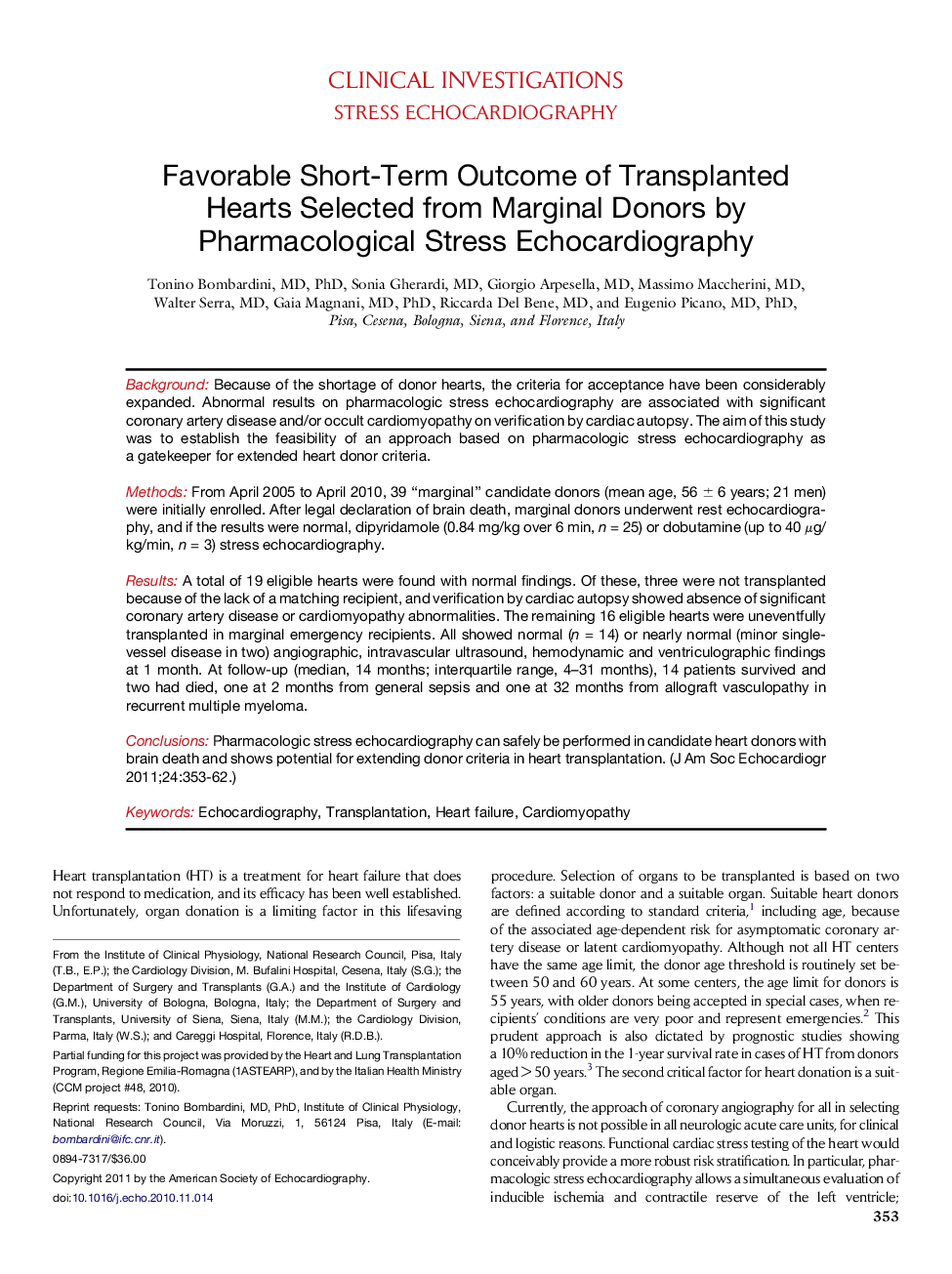 Favorable Short-Term Outcome of Transplanted Hearts Selected from Marginal Donors by Pharmacological Stress Echocardiography