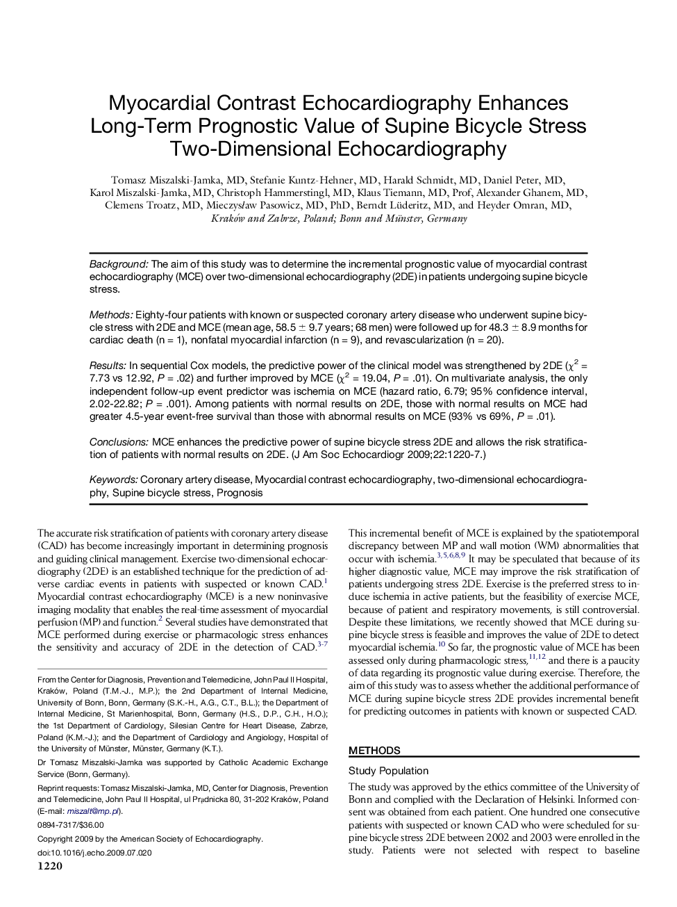 Myocardial Contrast Echocardiography Enhances Long-Term Prognostic Value of Supine Bicycle Stress Two-Dimensional Echocardiography