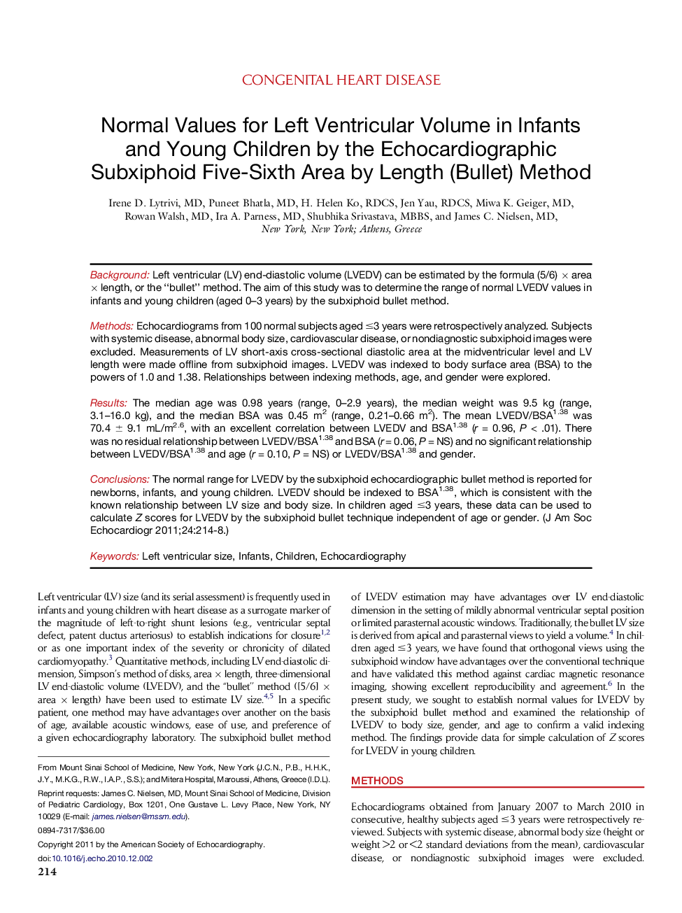 Normal Values for Left Ventricular Volume in Infants and Young Children by the Echocardiographic Subxiphoid Five-Sixth Area by Length (Bullet) Method