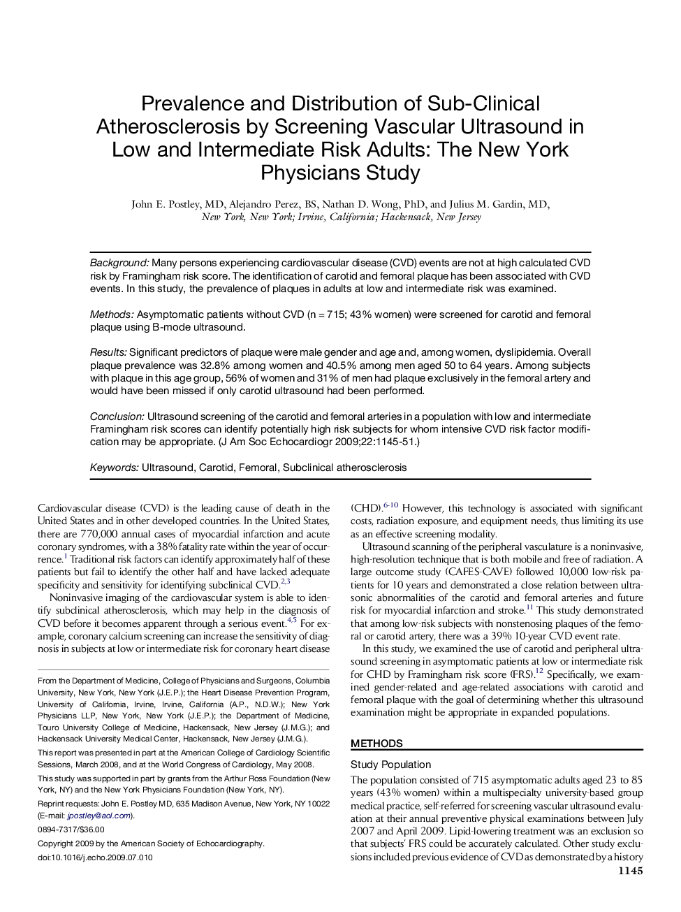 Prevalence and Distribution of Sub-Clinical Atherosclerosis by Screening Vascular Ultrasound in Low and Intermediate Risk Adults: The New York Physicians Study