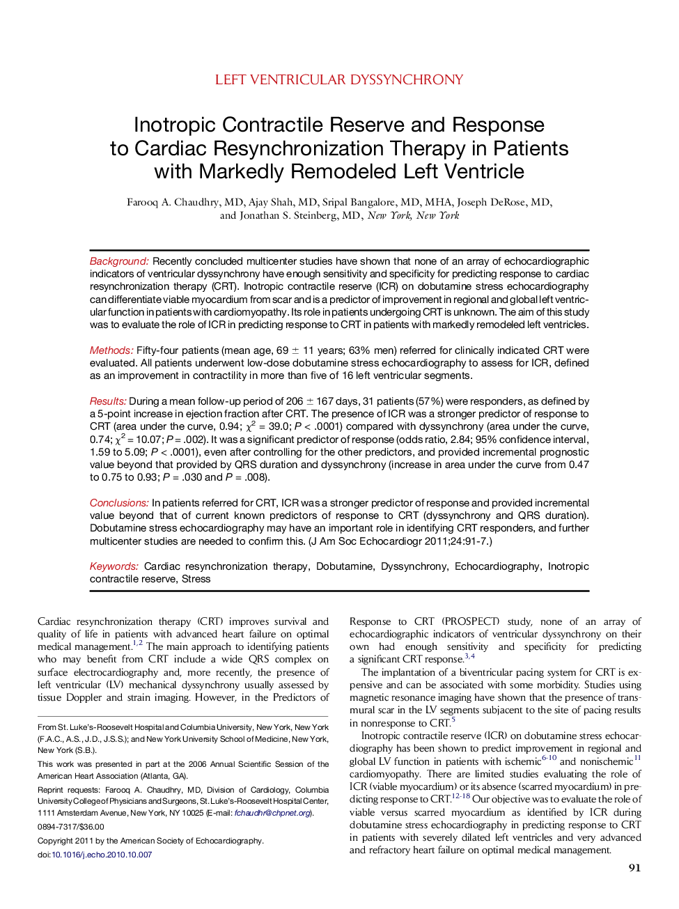 Inotropic Contractile Reserve and Response to Cardiac Resynchronization Therapy in Patients with Markedly Remodeled Left Ventricle