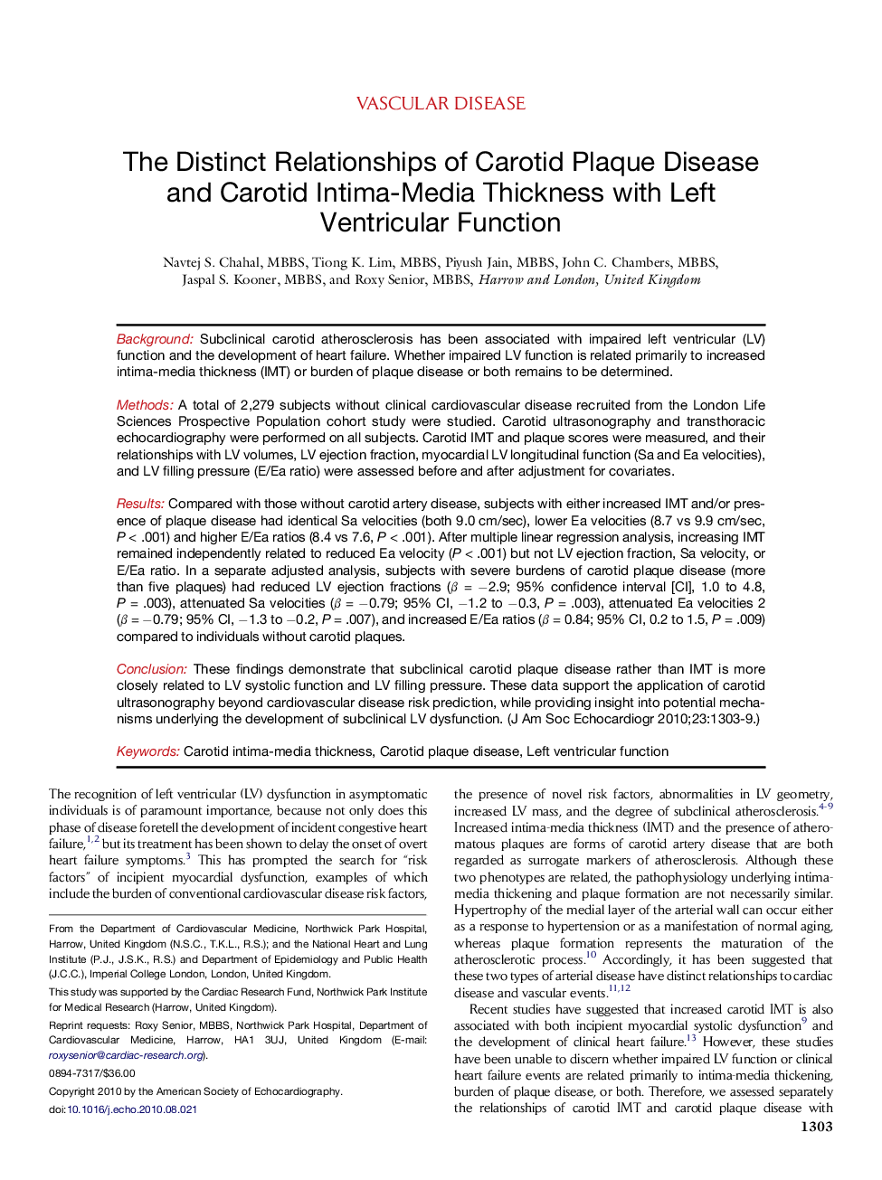 The Distinct Relationships of Carotid Plaque Disease and Carotid Intima-Media Thickness with Left Ventricular Function