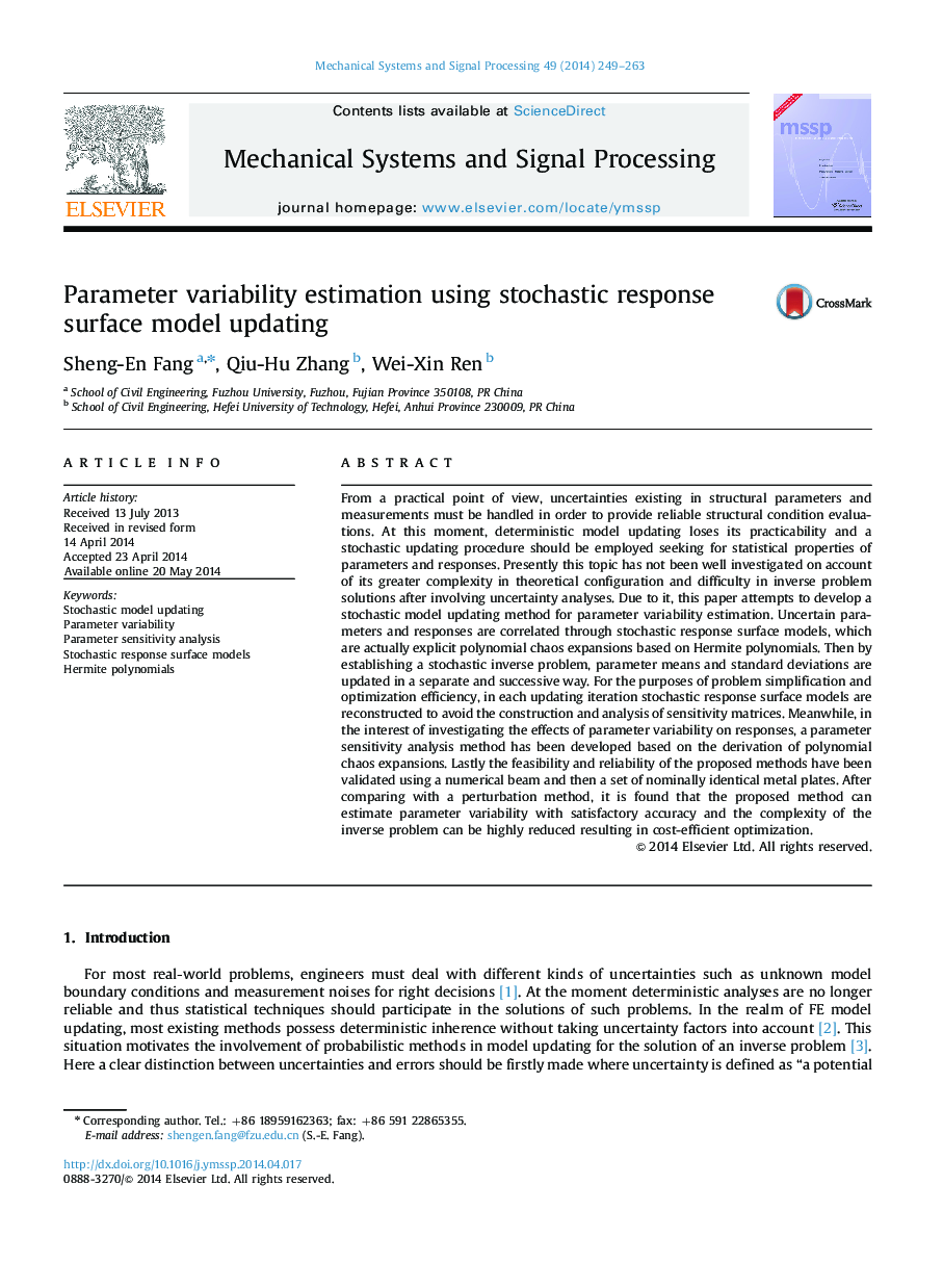 Parameter variability estimation using stochastic response surface model updating