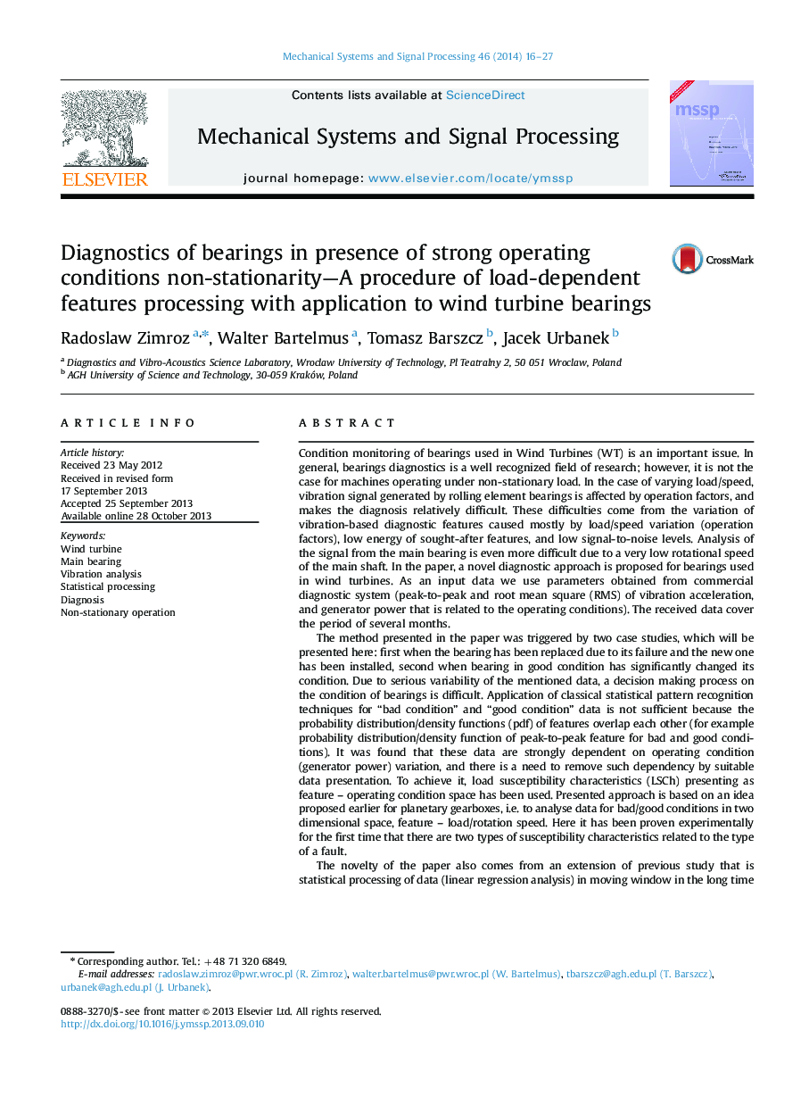 Diagnostics of bearings in presence of strong operating conditions non-stationarity—A procedure of load-dependent features processing with application to wind turbine bearings