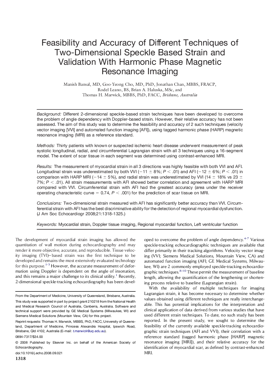 Feasibility and Accuracy of Different Techniques of Two-Dimensional Speckle Based Strain and Validation With Harmonic Phase Magnetic Resonance Imaging