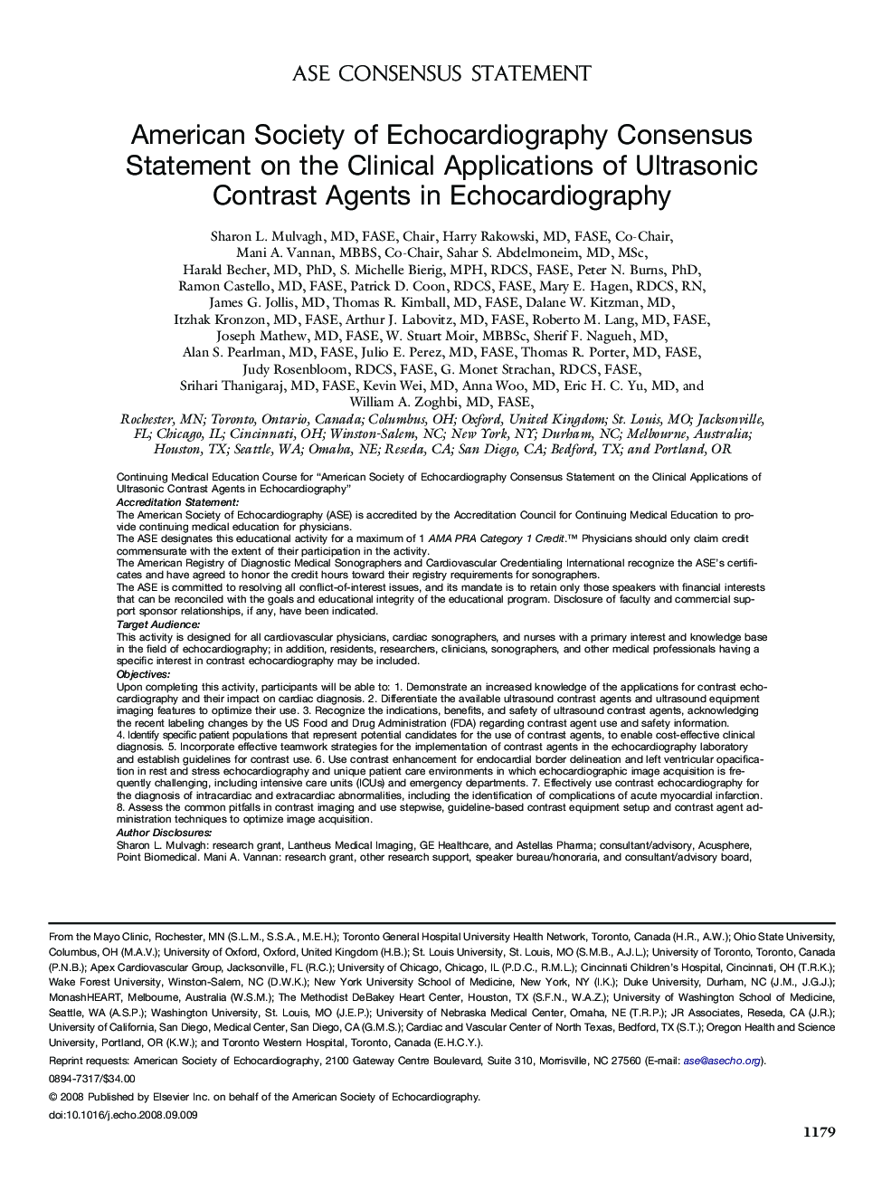 American Society of Echocardiography Consensus Statement on the Clinical Applications of Ultrasonic Contrast Agents in Echocardiography