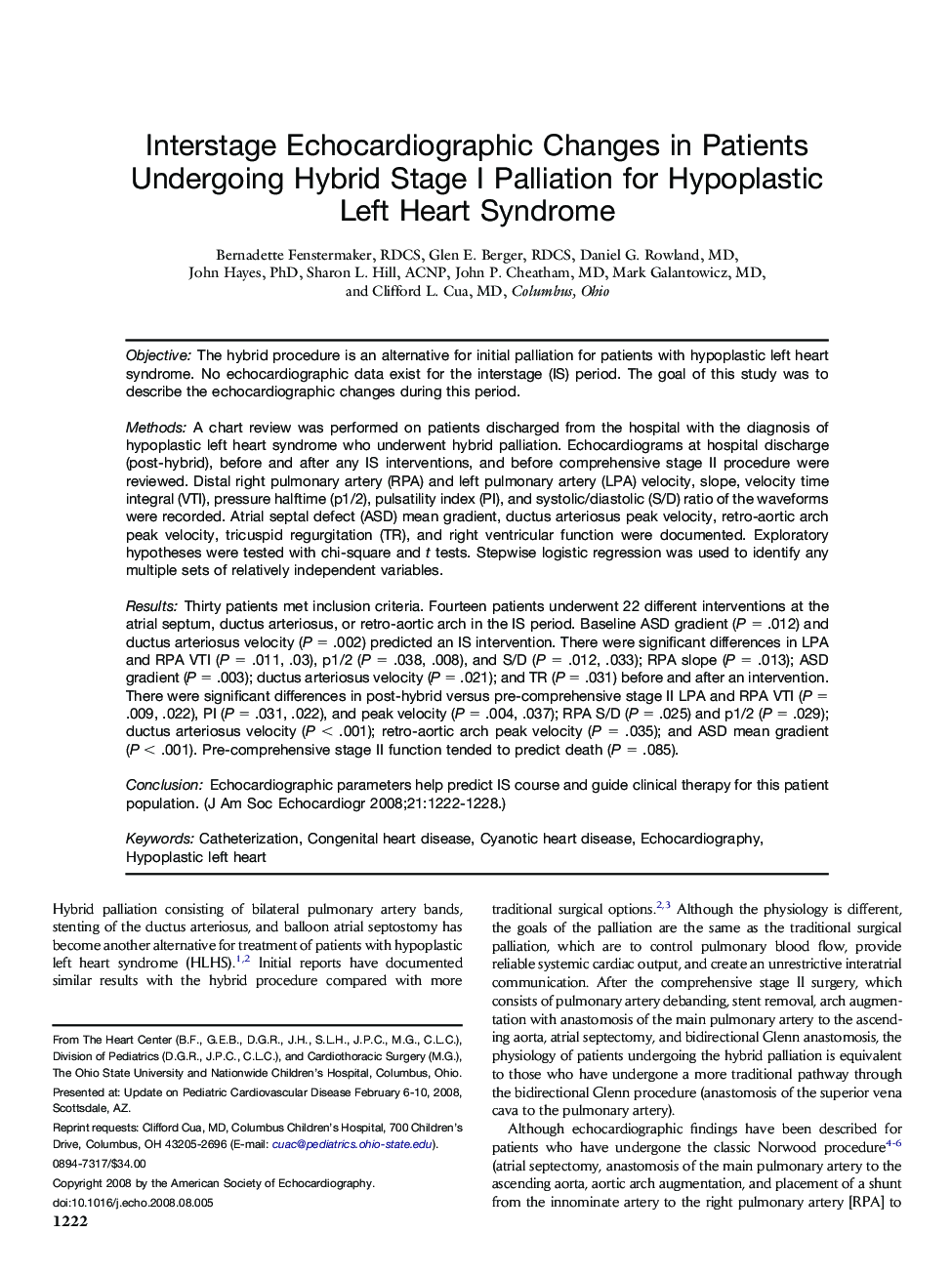 Interstage Echocardiographic Changes in Patients Undergoing Hybrid Stage I Palliation for Hypoplastic Left Heart Syndrome