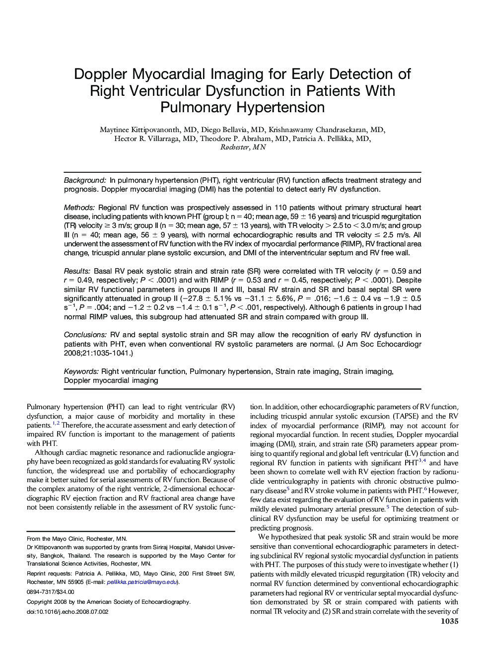 Doppler Myocardial Imaging for Early Detection of Right Ventricular Dysfunction in Patients With Pulmonary Hypertension