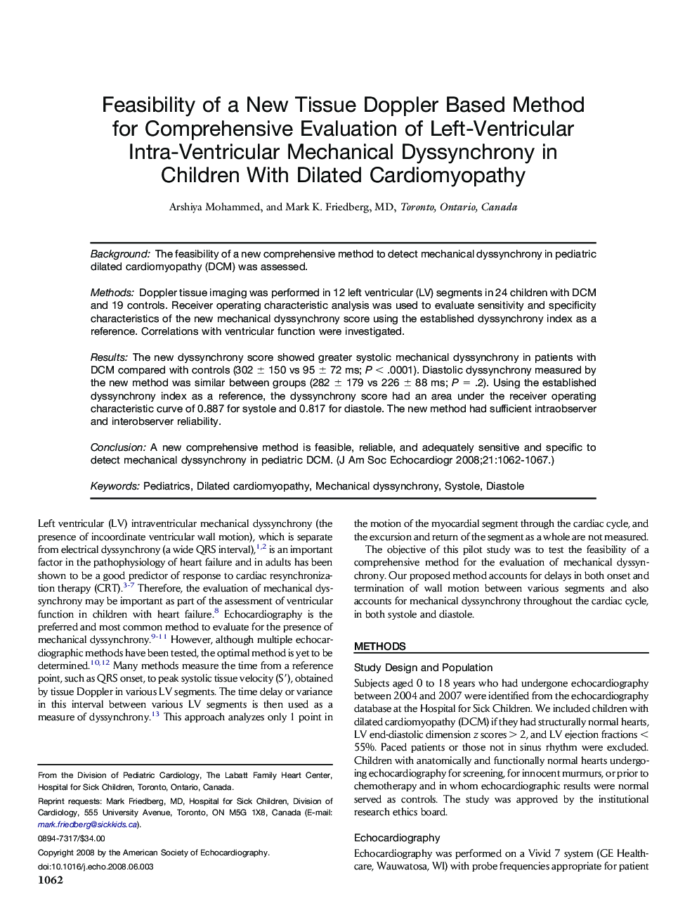 Feasibility of a New Tissue Doppler Based Method for Comprehensive Evaluation of Left-Ventricular Intra-Ventricular Mechanical Dyssynchrony in Children With Dilated Cardiomyopathy