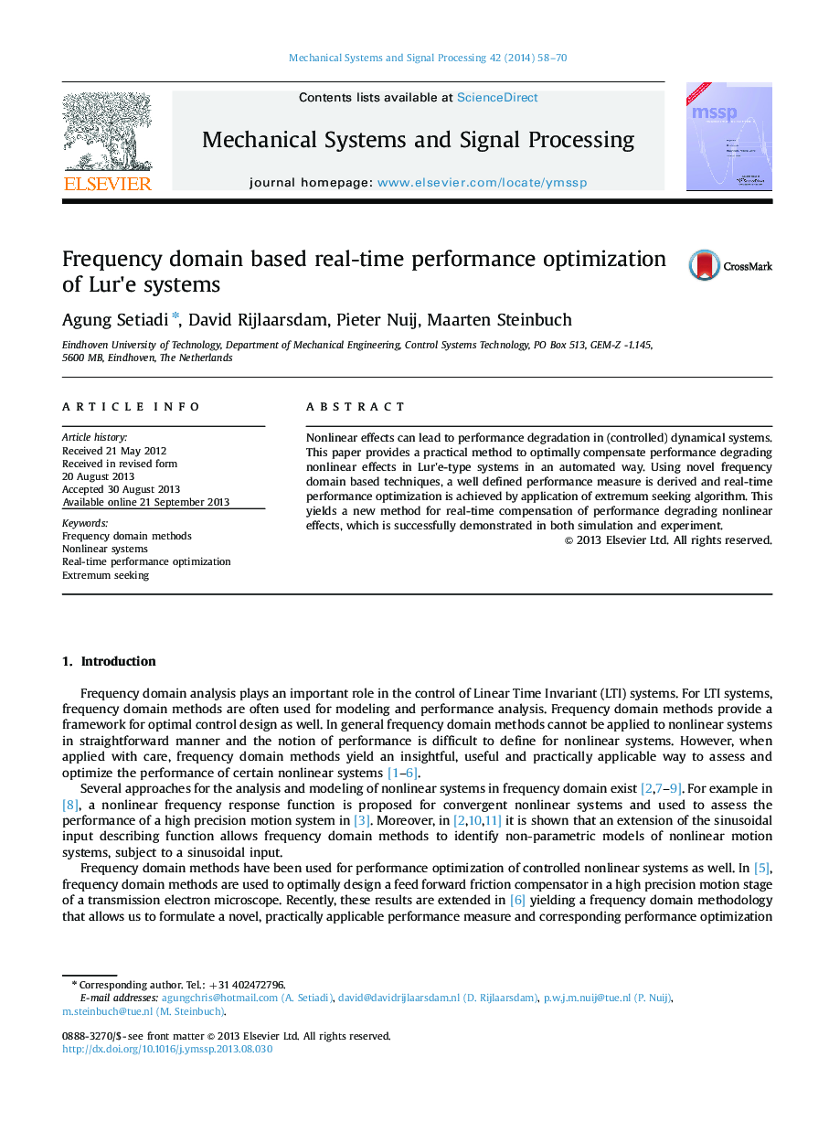 Frequency domain based real-time performance optimization of Lur'e systems