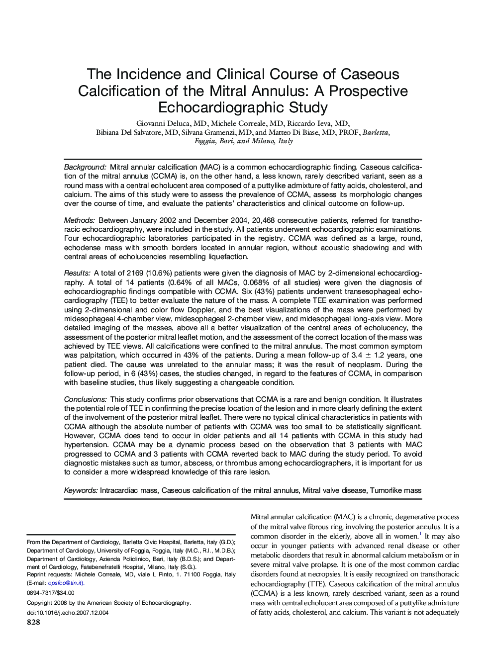 The Incidence and Clinical Course of Caseous Calcification of the Mitral Annulus: A Prospective Echocardiographic Study