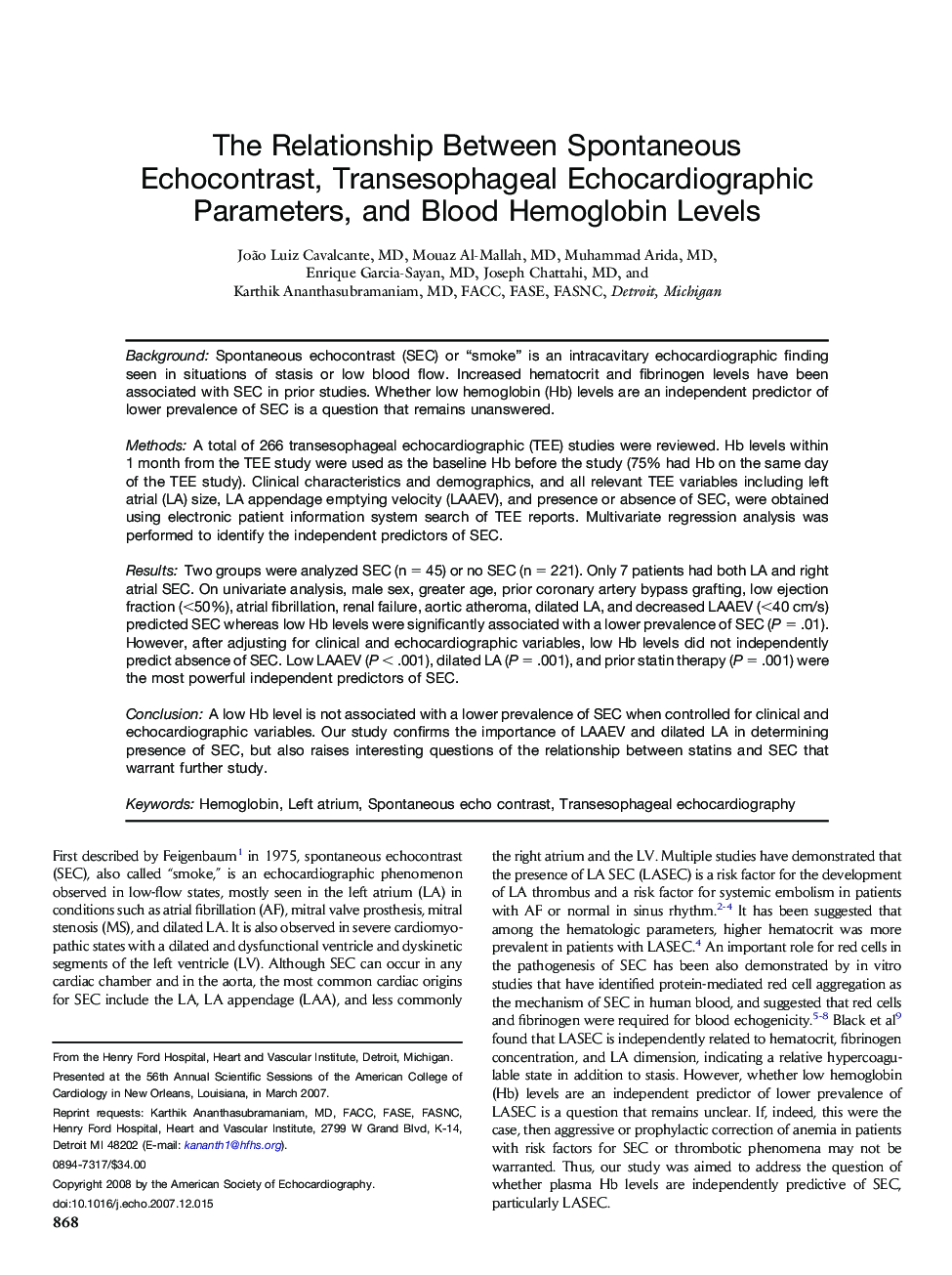 The Relationship Between Spontaneous Echocontrast, Transesophageal Echocardiographic Parameters, and Blood Hemoglobin Levels