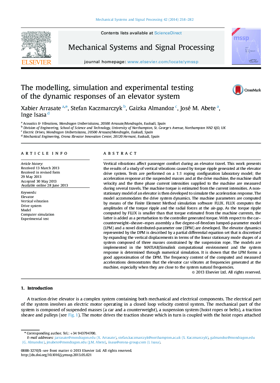 عکس صفحه اول مقاله: The modelling, simulation and experimental testing $60#?tjl$62#?>of the dynamic responses of an elevator system The modelling, simulation and experimental testing $60#?tjl$62#?>of the dynamic responses of an elevator system