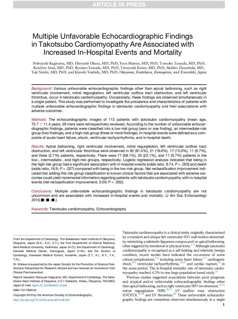 Multiple Unfavorable Echocardiographic Findings in Takotsubo Cardiomyopathy Are Associated with Increased In-Hospital Events and Mortality