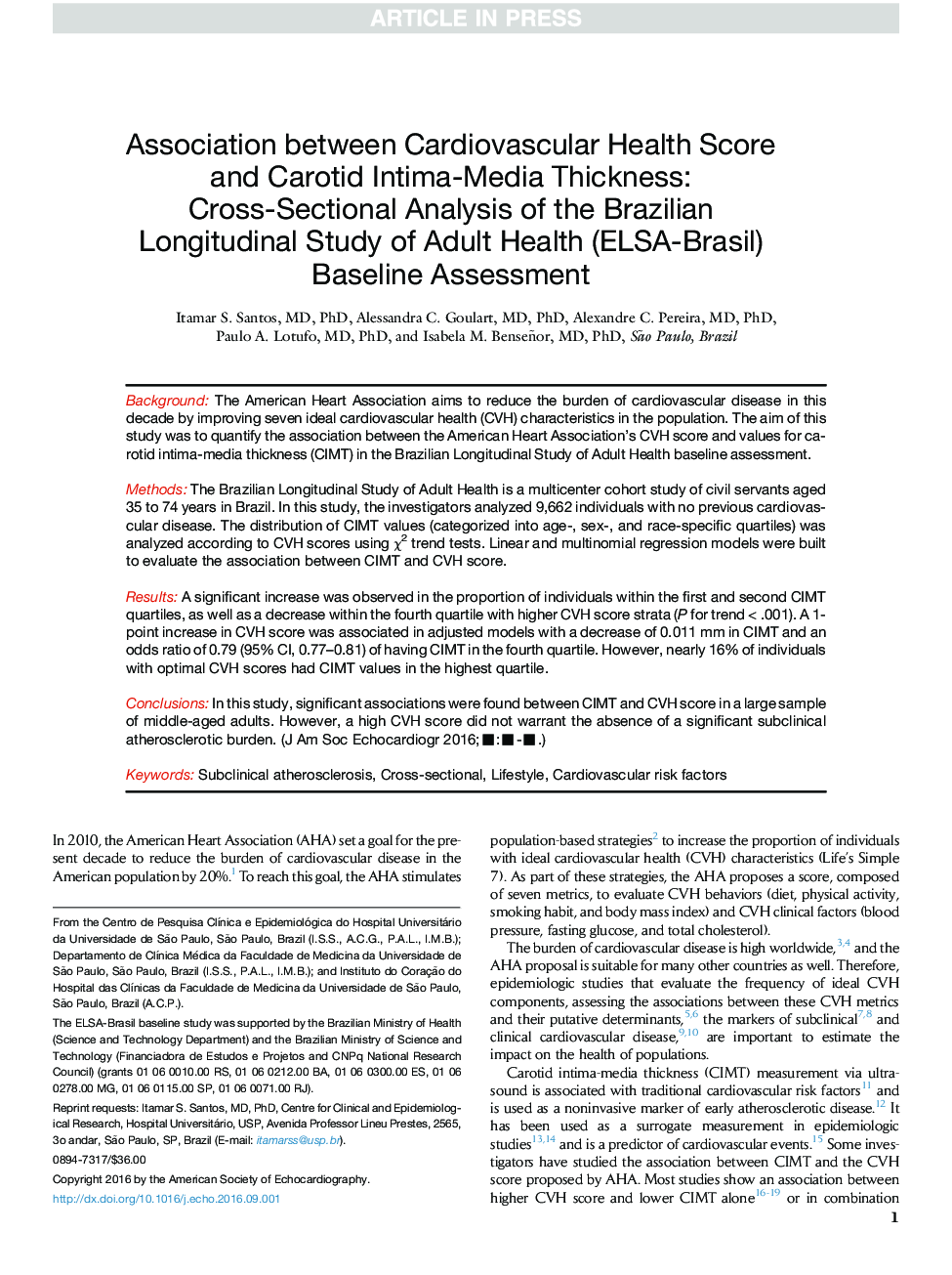 Association between Cardiovascular Health Score and Carotid Intima-Media Thickness: Cross-Sectional Analysis of the Brazilian Longitudinal Study of Adult Health (ELSA-Brasil) Baseline Assessment