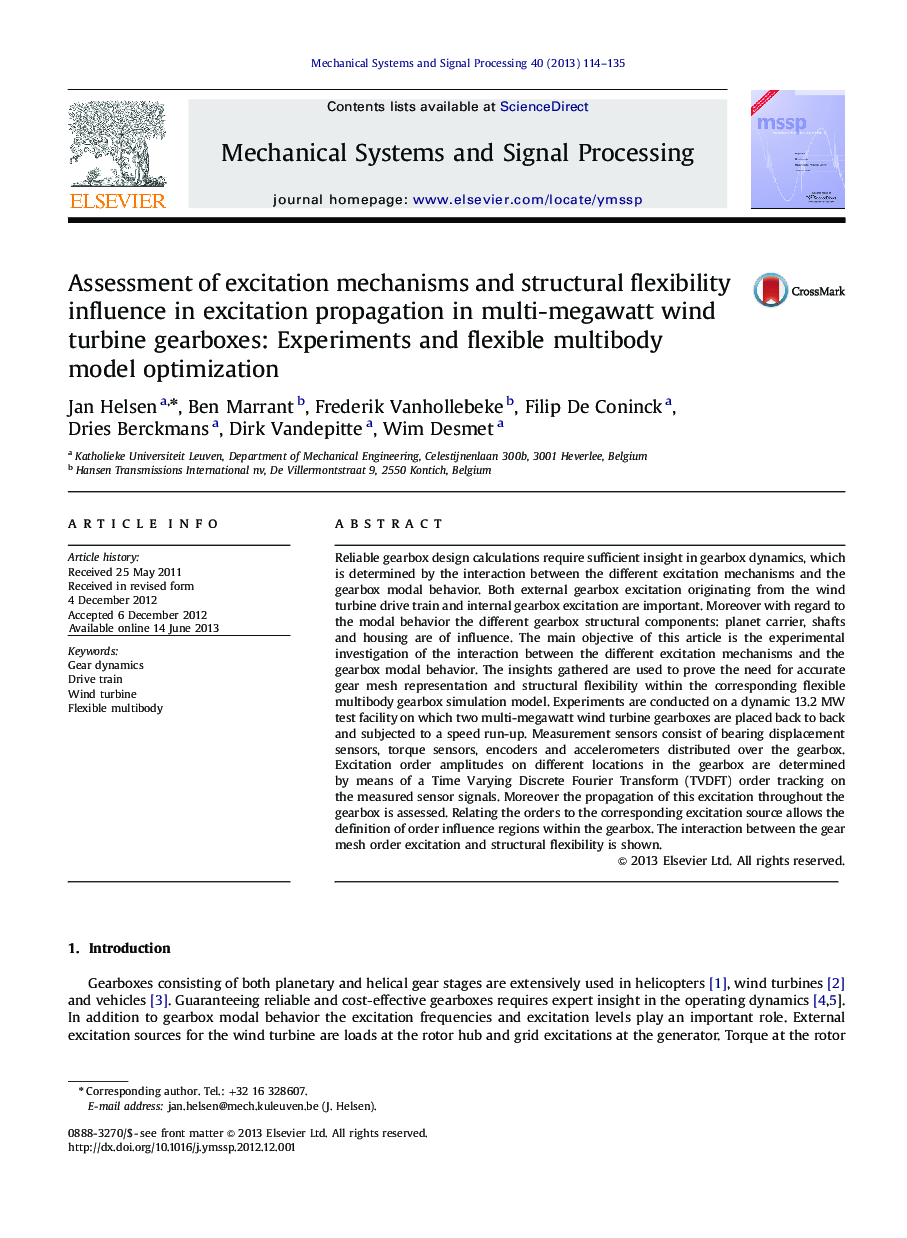 Assessment of excitation mechanisms and structural flexibility influence in excitation propagation in multi-megawatt wind turbine gearboxes: Experiments and flexible multibody model optimization