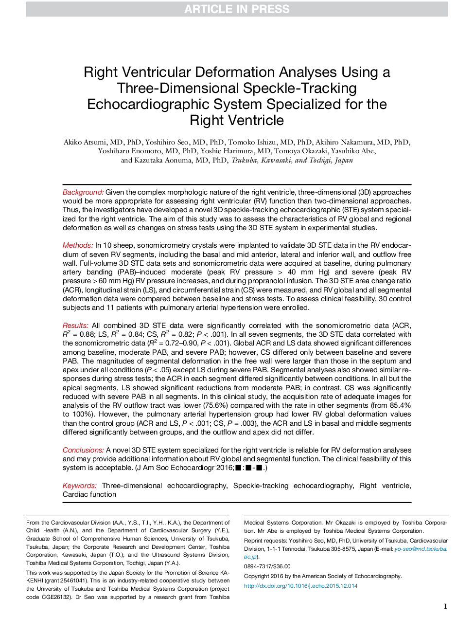 Right Ventricular Deformation Analyses Using a Three-Dimensional Speckle-Tracking Echocardiographic System Specialized for the Right Ventricle