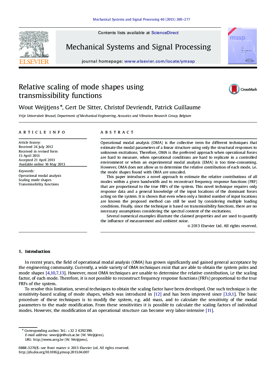 Relative scaling of mode shapes using transmissibility functions