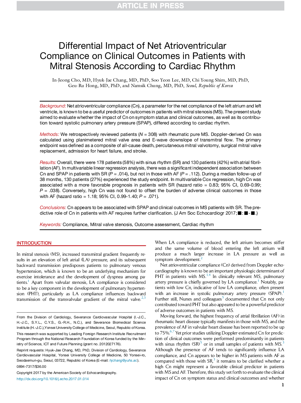 Differential Impact of Net Atrioventricular Compliance on Clinical Outcomes in Patients with Mitral Stenosis According to Cardiac Rhythm