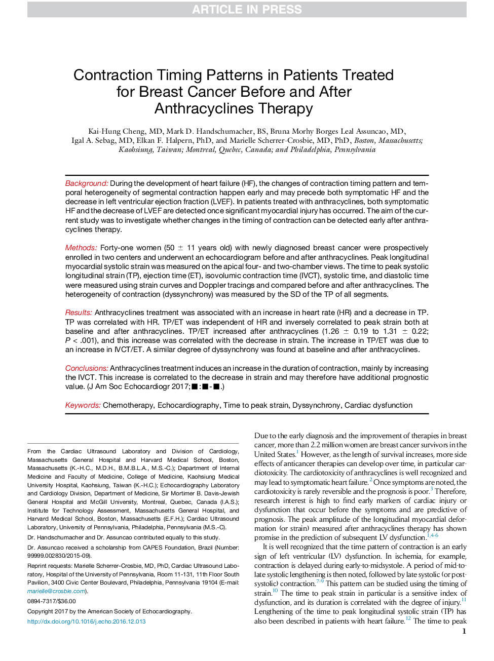 Contraction Timing Patterns in Patients Treated forÂ Breast Cancer Before and After AnthracyclinesÂ Therapy