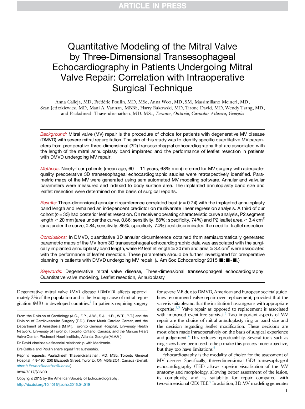 Quantitative Modeling of the Mitral Valve byÂ Three-Dimensional Transesophageal Echocardiography in Patients Undergoing Mitral ValveÂ Repair: Correlation with Intraoperative SurgicalÂ Technique